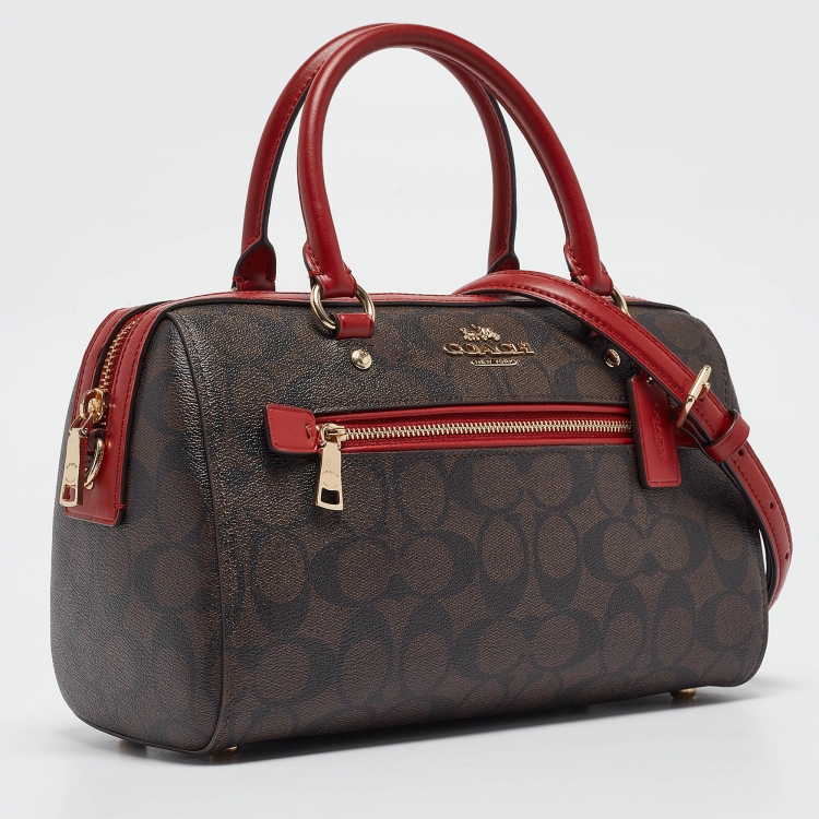 Pre Owned Coach Red/Brown Signature Coated Canvas and Leather Rowan Boston Bag
