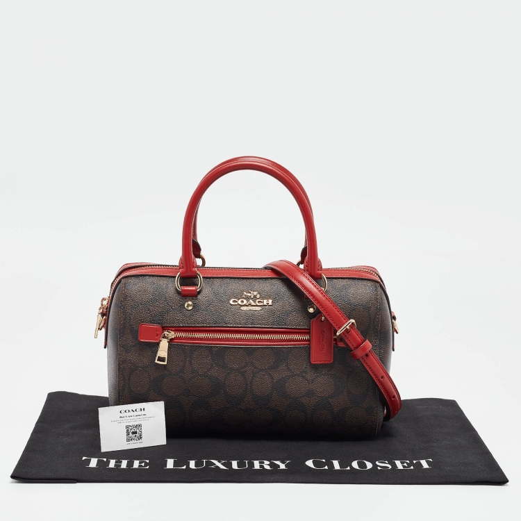 Pre Owned Coach Red/Brown Signature Coated Canvas and Leather Rowan Boston Bag