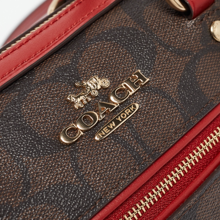 Pre Owned Coach Red/Brown Signature Coated Canvas and Leather Rowan Boston Bag