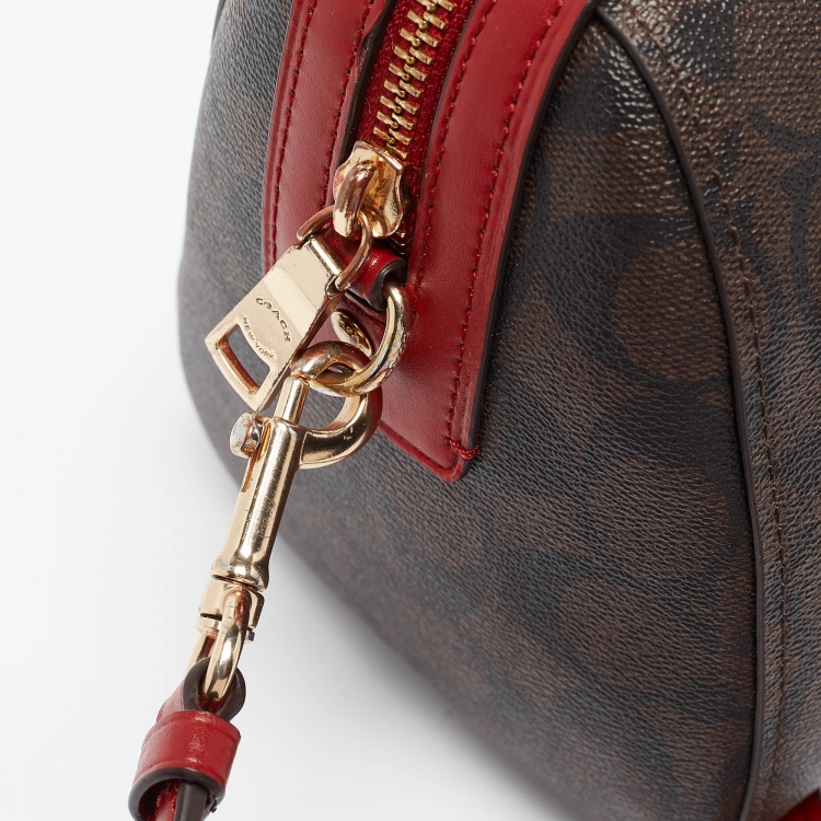 Pre Owned Coach Red/Brown Signature Coated Canvas and Leather Rowan Boston Bag