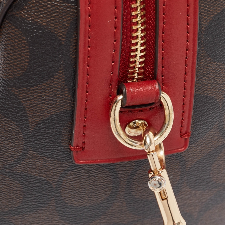 Pre Owned Coach Red/Brown Signature Coated Canvas and Leather Rowan Boston Bag