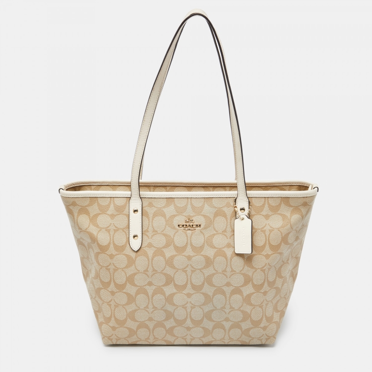 Coach Beige Brown Signature Coated Canvas and Leather City Zip Tote Coach The Luxury Closet