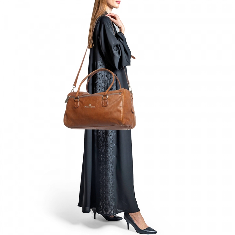 Pre Owned Aigner Brown Leather Zip Duffel Bag