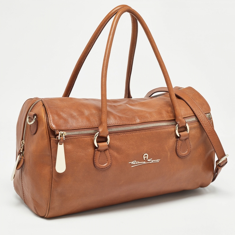 Pre Owned Aigner Brown Leather Zip Duffel Bag