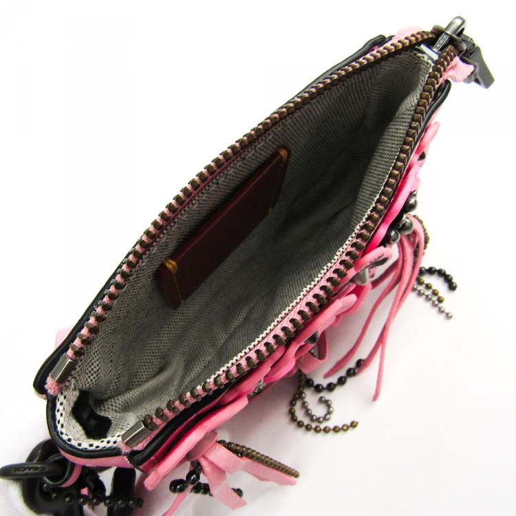 Pre Owned Coach Pink Leather Floral Wristlet Pouch Bag