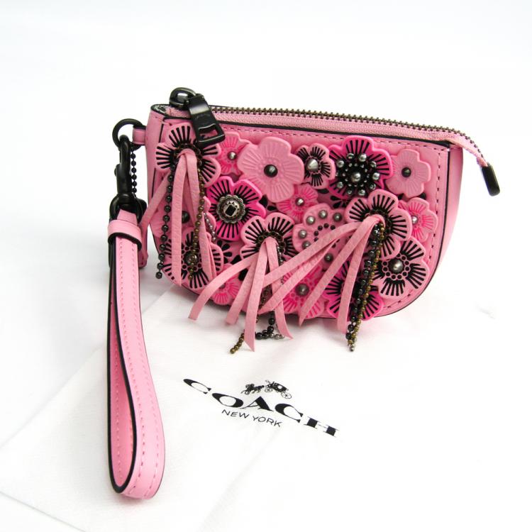 Pre Owned Coach Pink Leather Floral Wristlet Pouch Bag