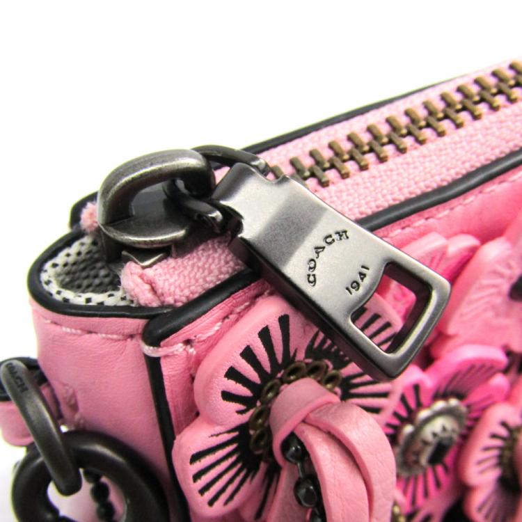 Pre Owned Coach Pink Leather Floral Wristlet Pouch Bag