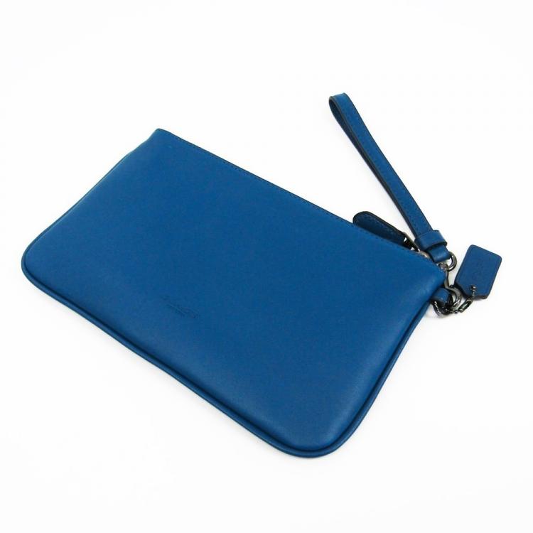 Pre Owned Coach Blue Leather Wristlet Pouch Bag