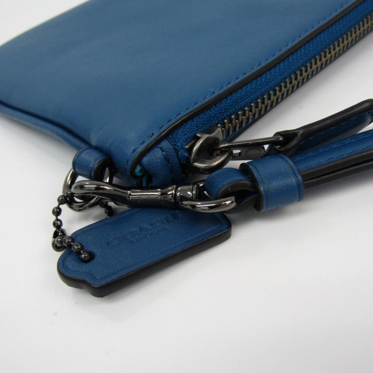 Pre Owned Coach Blue Leather Wristlet Pouch Bag
