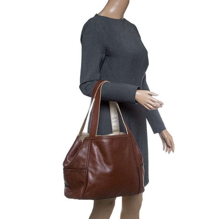 Pre Owned Cole Hann Brown/Gold Leather Reversible Tote 