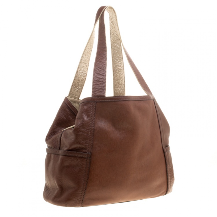 Pre Owned Cole Hann Brown/Gold Leather Reversible Tote 