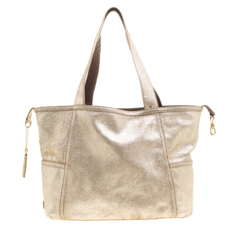 Pre Owned Cole Hann Brown/Gold Leather Reversible Tote 