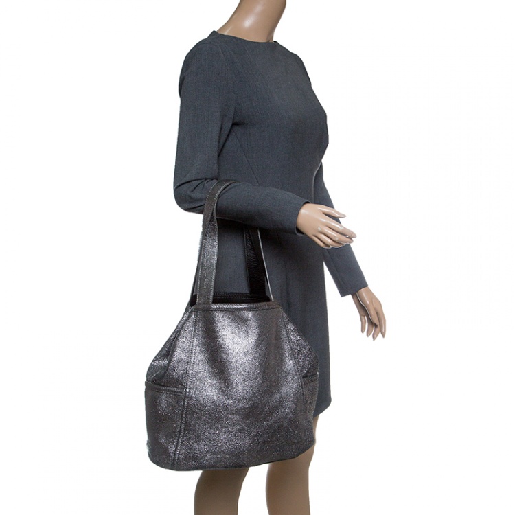 Pre Owned Cole Hann Metallic Grey Leather Reversible Tote