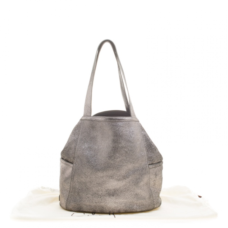 Pre Owned Cole Hann Metallic Grey Leather Reversible Tote