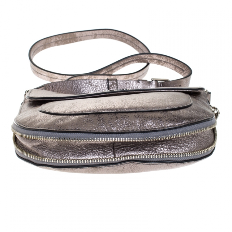 Pre Owned Cole Haan Grey Textured Leather Flap Zip Round Crossbody Bag