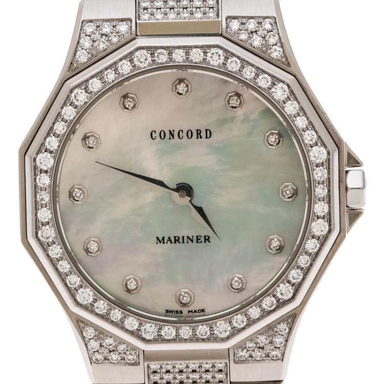 Pre Owned Concord Mother of Pearl Stainless Steel Diamond Mariner 14 E6 1850.1 S Women's Wristwatch 30 mm