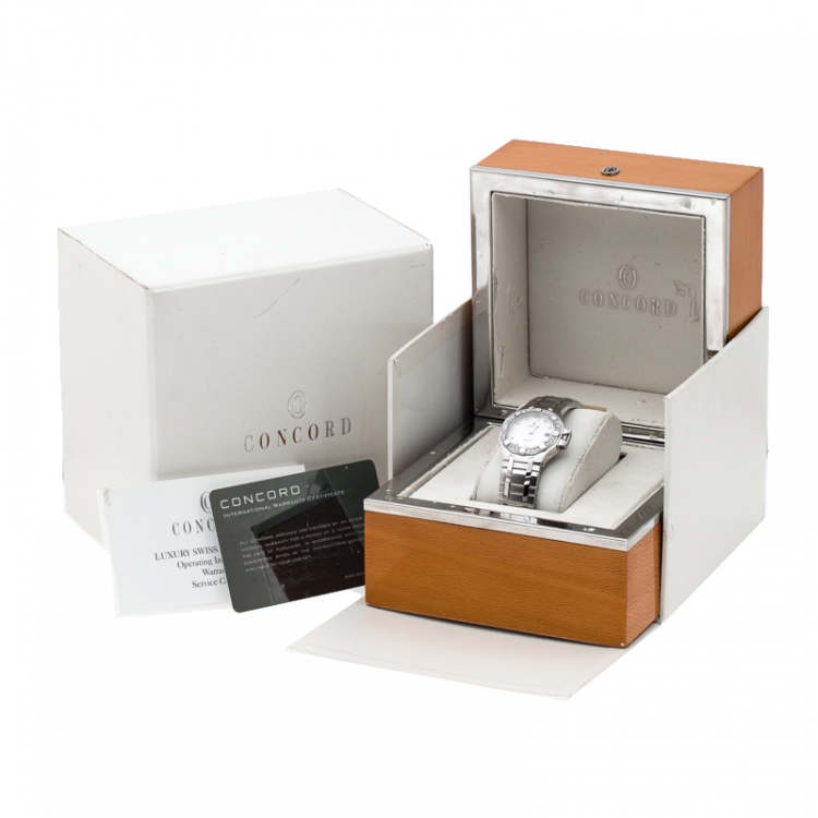 Pre Owned Concord Mother of Pearl Stainless Steel Diamonds Saratoga 14.E1.1855 Women's Wristwatch 28 mm