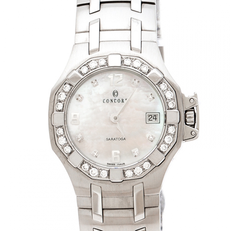 Pre Owned Concord Mother of Pearl Stainless Steel Diamonds Saratoga 14.E1.1855 Women's Wristwatch 28 mm