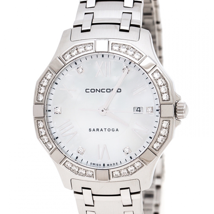 Pre Owned Concord Mother of Pearl Stainless Steel Diamonds Saratoga 02.3.14.1060S Women's Wristwatch 31 mm