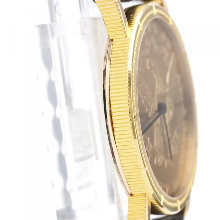 Pre Owned Corum 18K Yellow Gold and Leather Coin Watch Quartz Women's Wristwatch 28MM