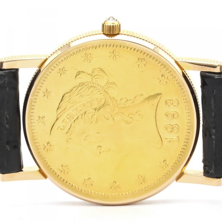 Pre Owned Corum 18K Yellow Gold and Leather Coin Watch Quartz Women's Wristwatch 28MM