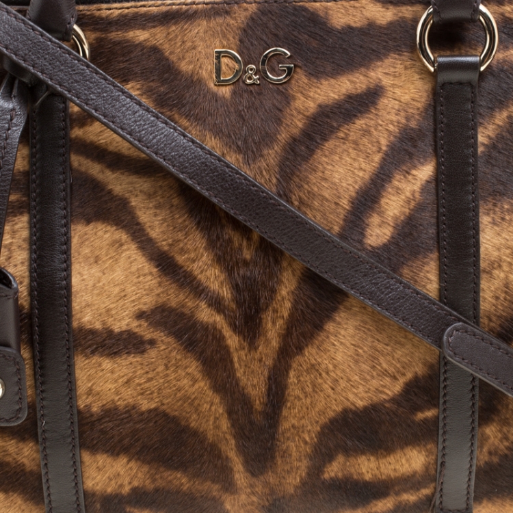 Pre Owned D&G Brown Animal Print Pony Hair and Leather Triple Zipper Top Handle Shoulder Bag