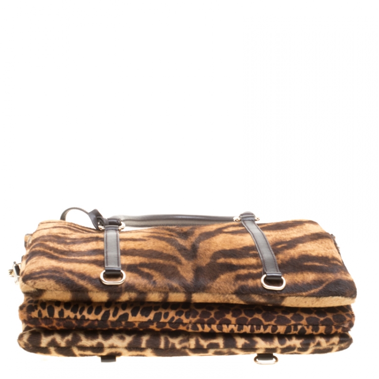 Pre Owned D&G Brown Animal Print Pony Hair and Leather Triple Zipper Top Handle Shoulder Bag