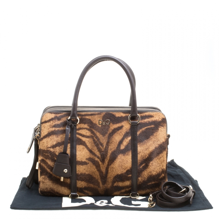 Pre Owned D&G Brown Animal Print Pony Hair and Leather Triple Zipper Top Handle Shoulder Bag