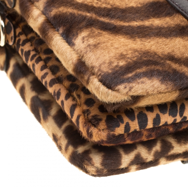 Pre Owned D&G Brown Animal Print Pony Hair and Leather Triple Zipper Top Handle Shoulder Bag
