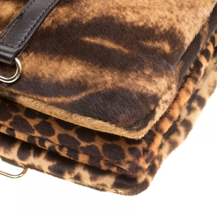 Pre Owned D&G Brown Animal Print Pony Hair and Leather Triple Zipper Top Handle Shoulder Bag