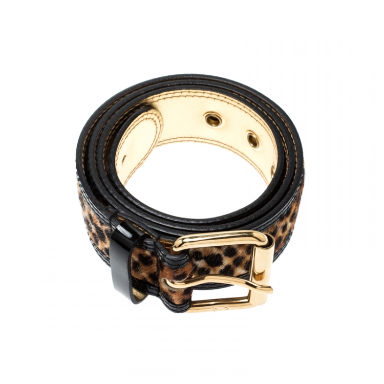 Pre Owned D&G Beige/Gold Leopard Print Calfhair and Leather Belt 85CM