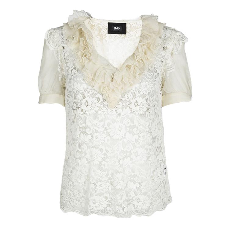 Pre Owned D&G Cream Lace Ruffle Trim Blouse M