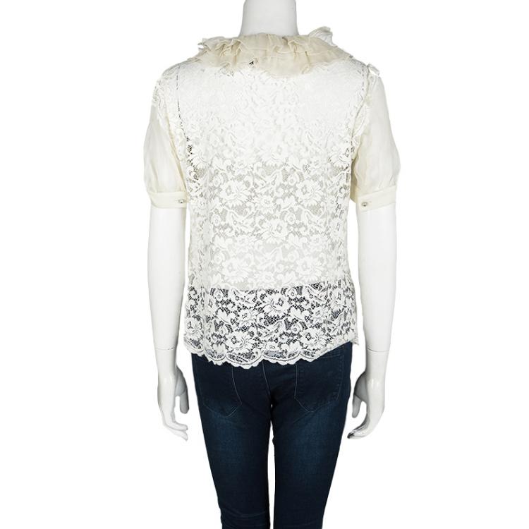 Pre Owned D&G Cream Lace Ruffle Trim Blouse M