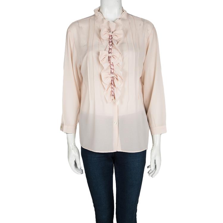 Pre Owned D&G Blush Pink Bow Ruffle Detail Chain Embellished Long Sleeve Blouse M