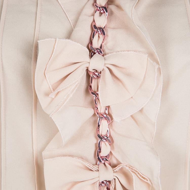 Pre Owned D&G Blush Pink Bow Ruffle Detail Chain Embellished Long Sleeve Blouse M