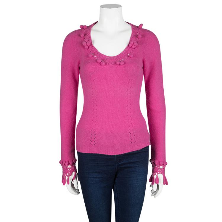 Pre Owned D&G Pink Bobble Detail Crochet Trim V-Neck Sweater S