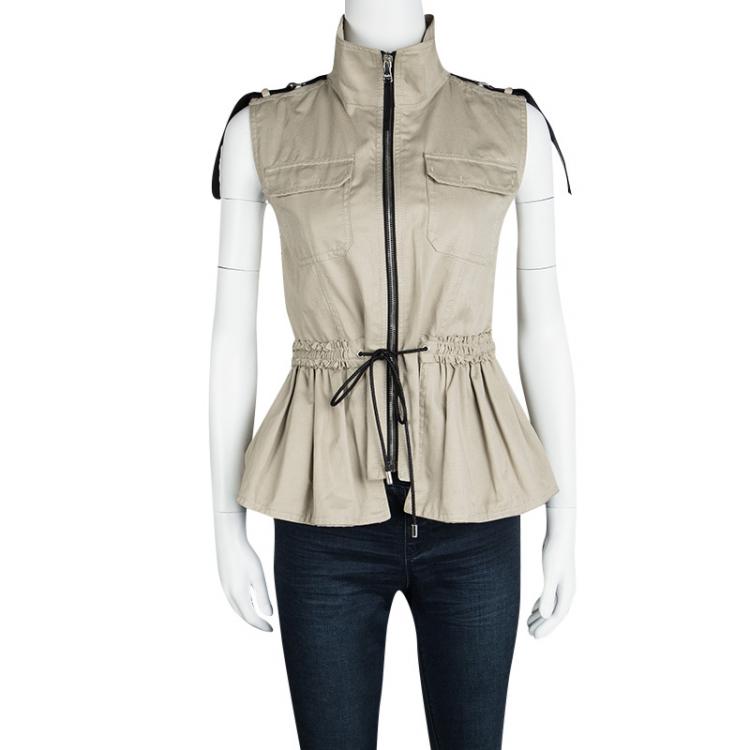 Pre Owned D&G Khaki Cotton Ruffle Tie Detail Zip Front Vest S