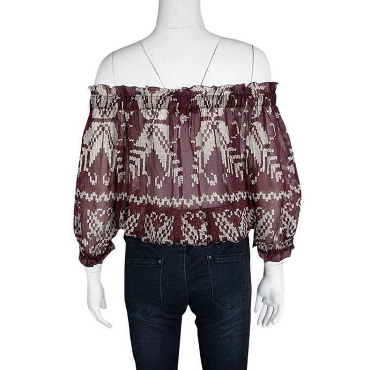 Pre Owned D&G Burgundy Printed Silk Chiffon Off Shoulder Sheer Peasant Blouse M
