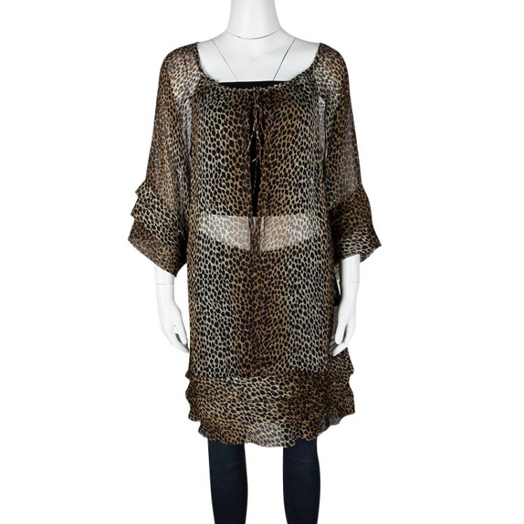 Pre Owned D&G Leopard Printed Sheer Silk Chiffon Long Sleeve Tunic M