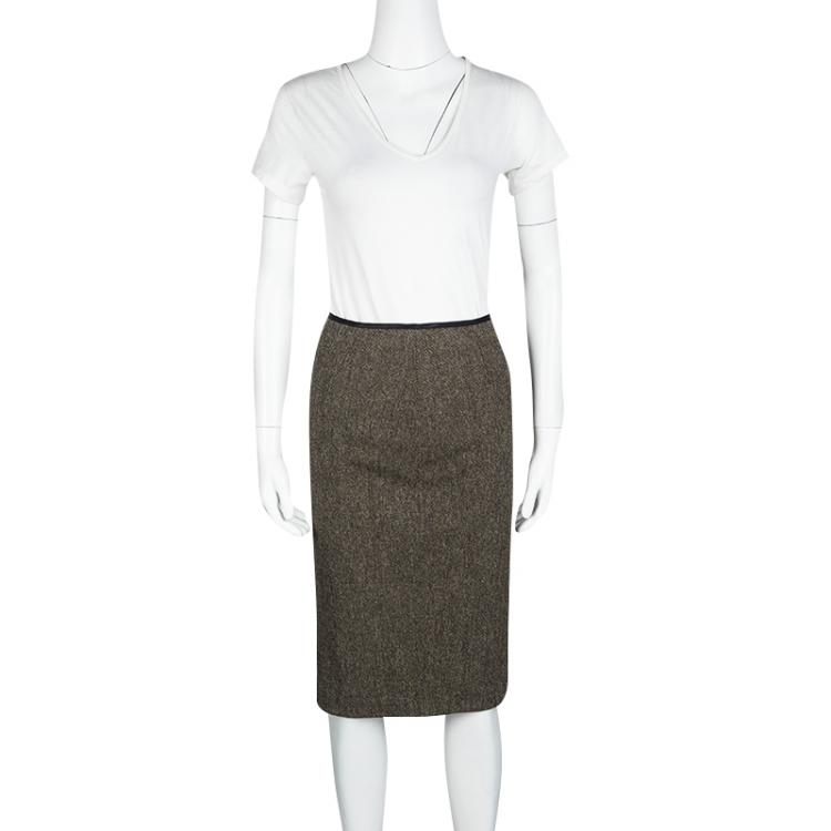Pre Owned D & G Brown Tweed Fitted Pencil Skirt S