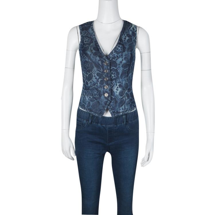 Pre Owned D&G Indigo Printed Washed Denim Lace Back Detail Waist Coat S