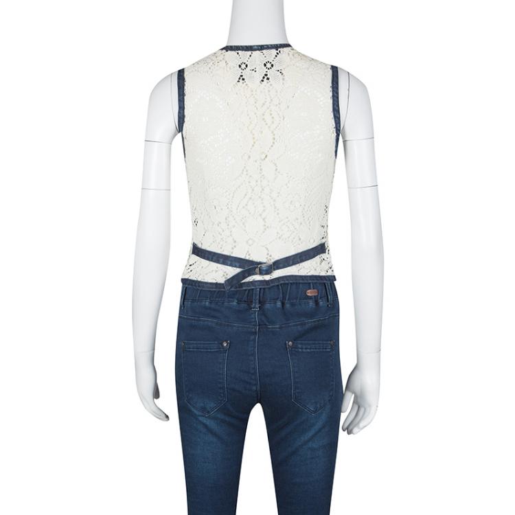 Pre Owned D&G Indigo Printed Washed Denim Lace Back Detail Waist Coat S
