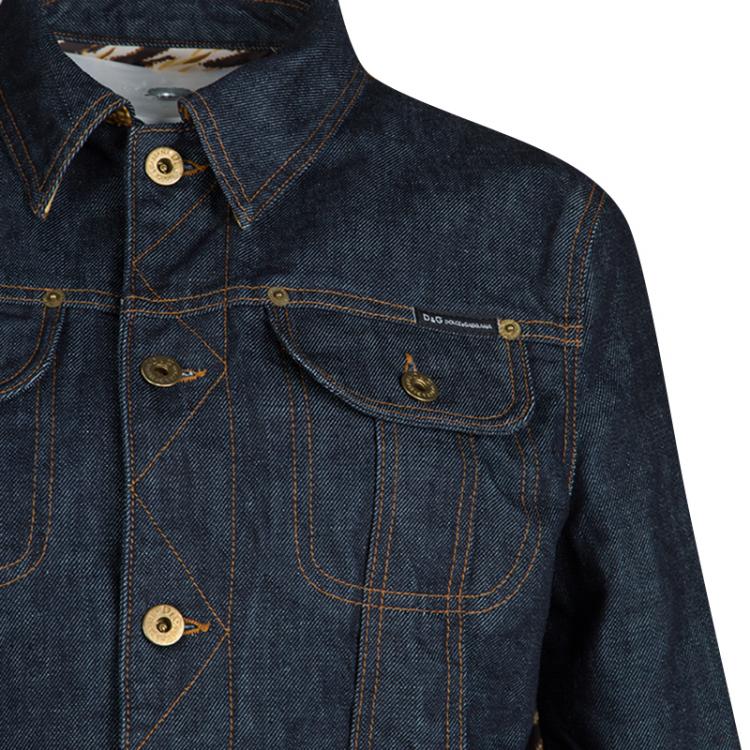 Pre Owned D&G Indigo Animal Print Detail Dark Wash Denim Jacket M