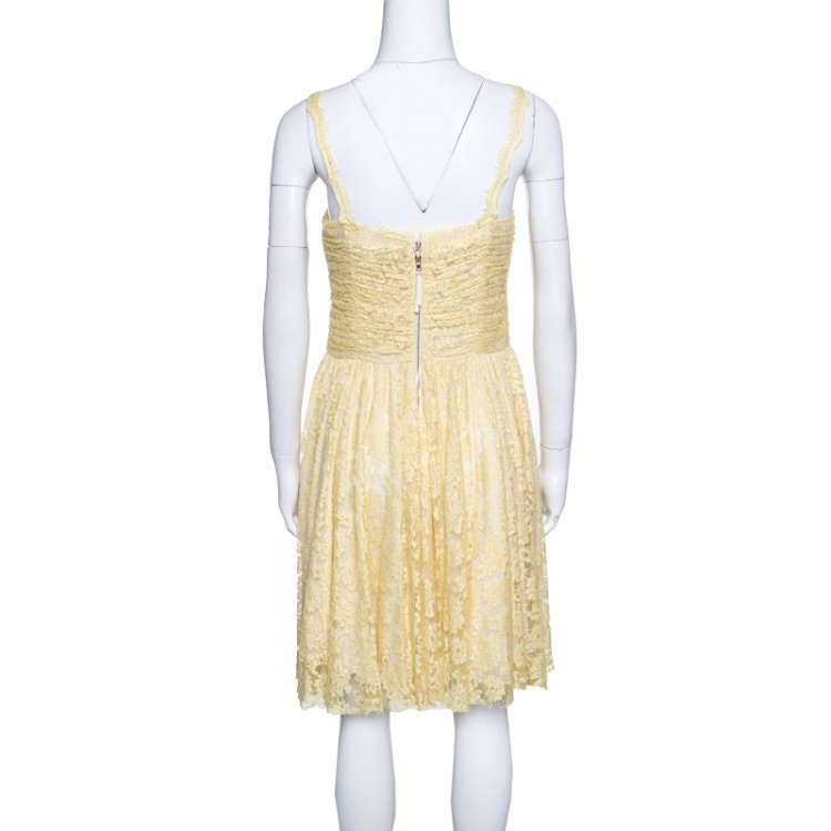 Pre Owned D&G Yellow Floral Lace Ruched Sleeveless Dress M
