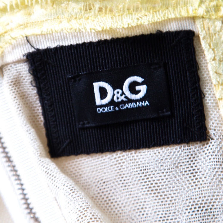 Pre Owned D&G Yellow Floral Lace Ruched Sleeveless Dress M