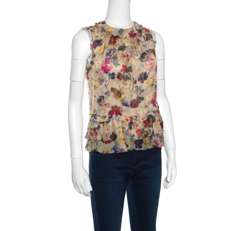 Pre Owned D&G Beige Floral Printed Silk Chiffon Ruffle Trim Sleeveless Top S