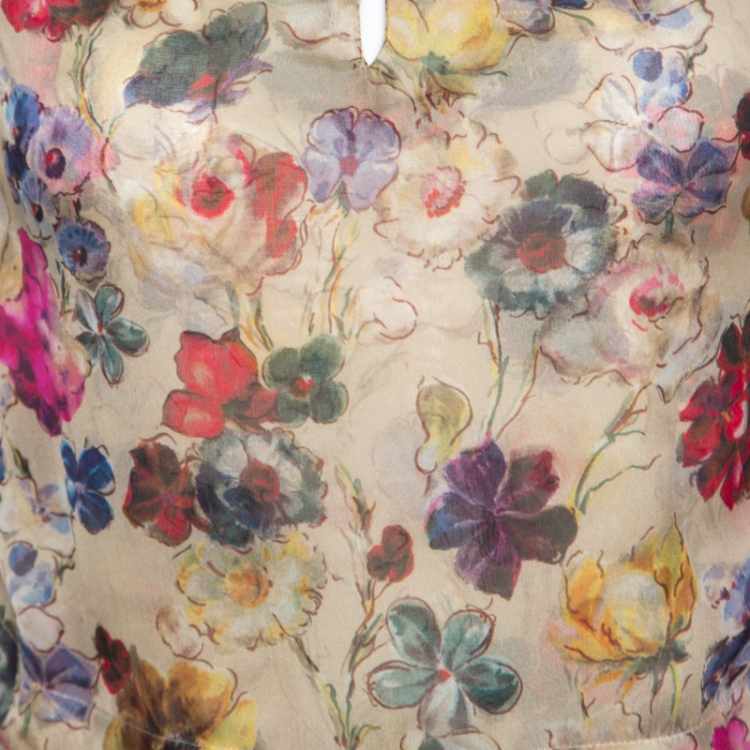 Pre Owned D&G Beige Floral Printed Silk Chiffon Ruffle Trim Sleeveless Top S