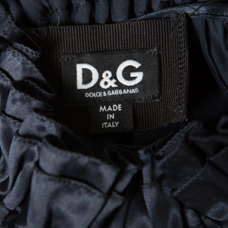 Pre Owned D&G Navy Blue Satin Contrast Tie Detail Gathered Ruffled Trim Long Sleeve Dress S