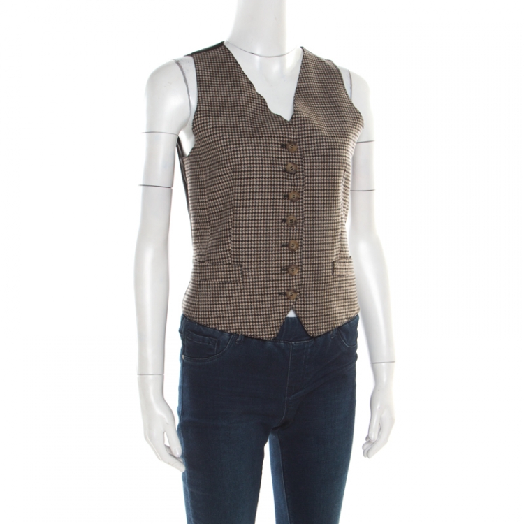Pre Owned D&G Beige Houndstooth Pattern Frayed Trim Detail Waistcoat M