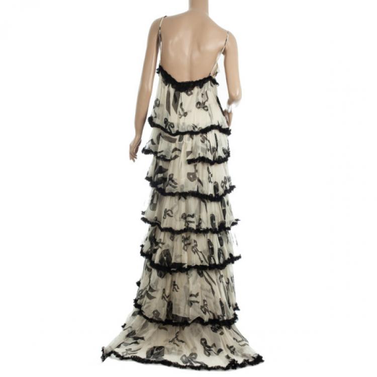 Pre Owned D and G Black &amp; White Ribbon Tiered Silk Gown M